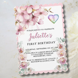 Cartão De Festividades Belo Pink Watercolor Flores Primeiro Aniversário