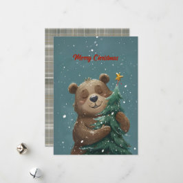 Cartão De Festividades Belo Urso Bonito Abraçando Árvore de Natal