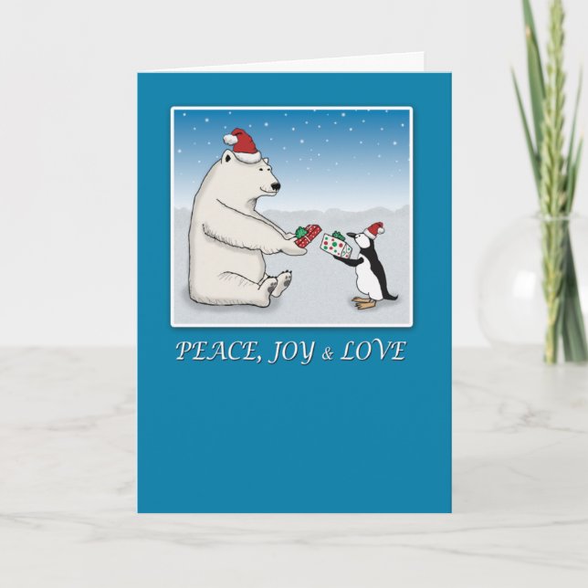 Cartão De Festividades Belo Urso Polar e Pinguim no Natal (Frente)