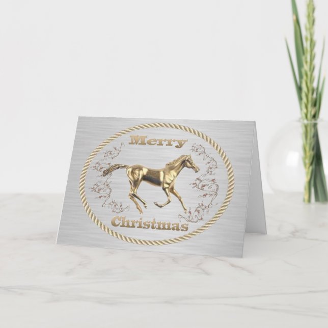 Cartão De Festividades Belt Ocidental Belt Buckle Dourado Horse Feliz Nat (Frente)