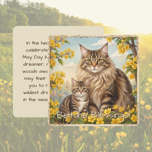 Cartão De Festividades Beltane Blessings May Day Kitten Folklore Flat (Beltane Blessing Flat Square Greeting Card. Tabby Cat & Kitten May Day Folklore Spring Flowers)