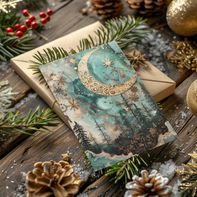 Cartão De Festividades Bênção Yule Winter Solstice Teal Forest Moon (Criador carregado)