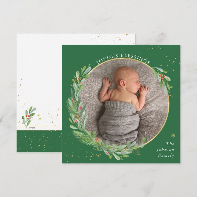 Cartão De Festividades Bênçãos Alegres Aguarela Natal Verde (Frente/Verso)