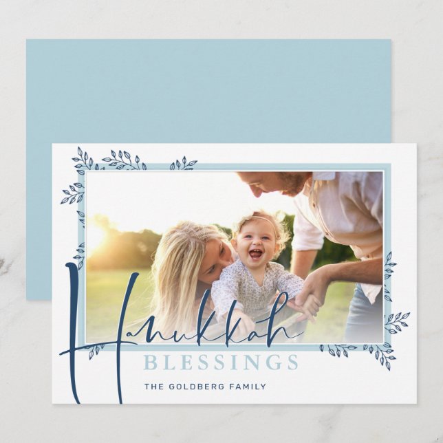 Cartão De Festividades Bênçãos BOTÂNICAS MODERNAS moldura coroa azul (Frente/Verso)