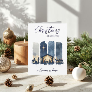 Cartão De Festividades Bênçãos de Natal Cena de Natividade Aquarela