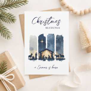 Cartão De Festividades Bênçãos de Natal Cena de Natividade Aquarela
