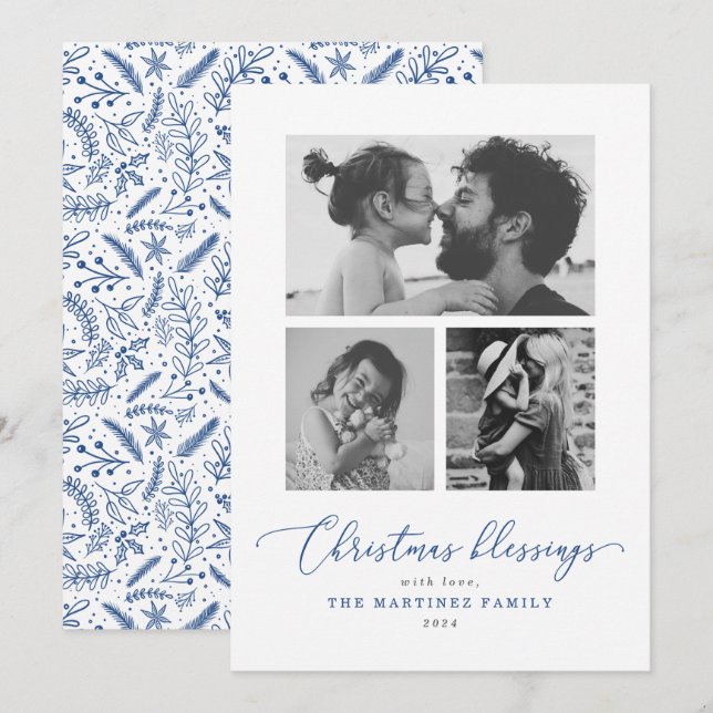 Cartão De Festividades Bênçãos de Natal - Script Azul - Várias Fotografia (Frente/Verso)