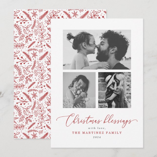 Cartão De Festividades Bênçãos de Natal - Script Vermelho - Várias Fotogr (Frente/Verso)