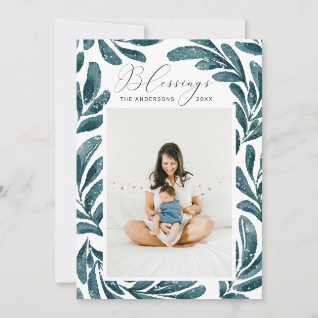 Cartão De Festividades Bênçãos. Natal com azul de aquarela (Frente)