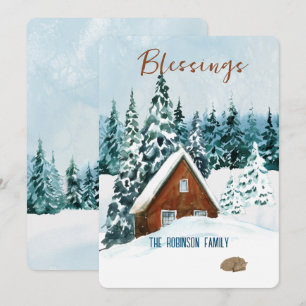 Cartão De Festividades Bênçãos Paisagem de Inverno em Aquarela Azul Natal