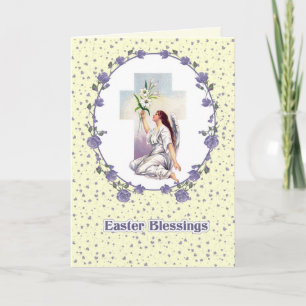 Cartão De Festividades Bênçãos páscoas. Vintage Rezando Religião Anjo