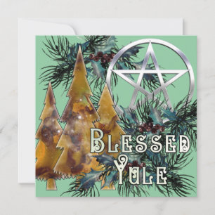Cartão De Festividades Bendito Yule Silver Pentacle Holly e Pine