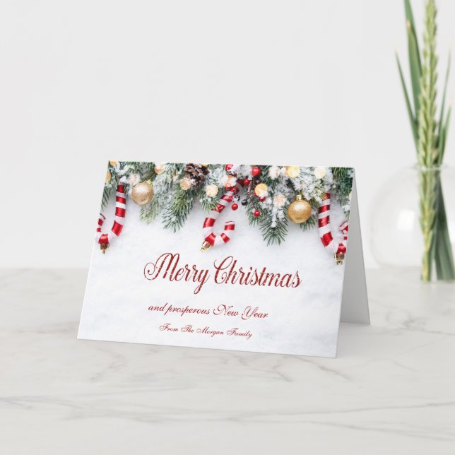 Cartão De Festividades Bengala de Açúcar,Ramos de Pinheiro,Esferas (Frente)