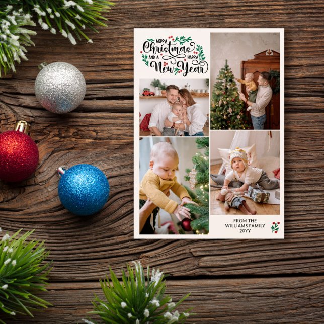 Cartão De Festividades Berries 4 Fotos Feliz Feliz ano novo de Natal (Criador carregado)