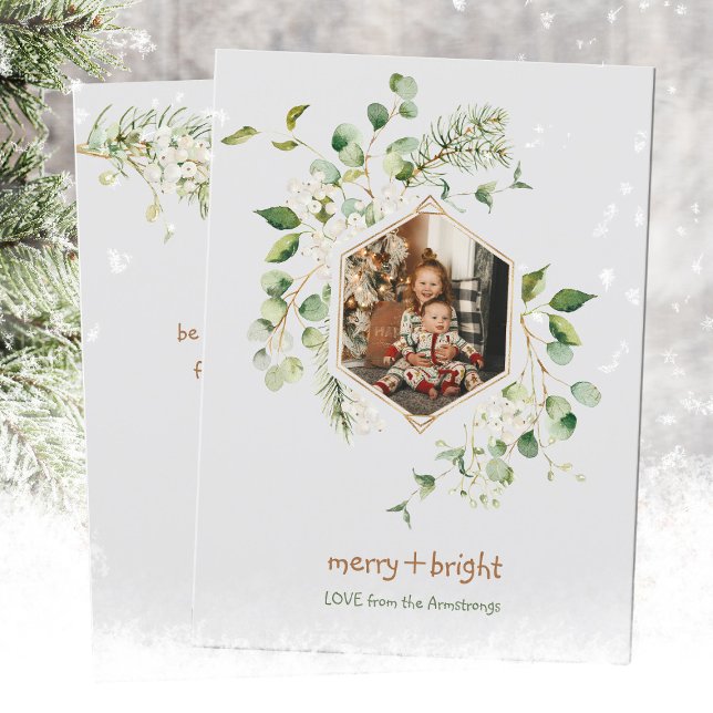 Cartão De Festividades Berries brancos com Feliz Brilho (Watercolor White Berries Merry Bright Holiday Card ©Susanne Sachers - Sunny Mind Design 🌞)
