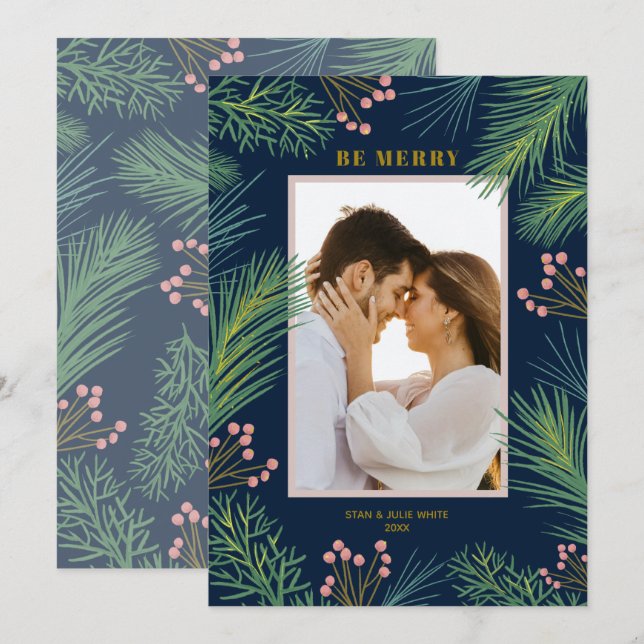 Cartão De Festividades Berries Pines Foto de Natal (Frente/Verso)