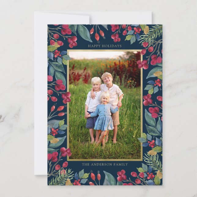 Cartão De Festividades Berries Pines Gold Foil Natal (Frente)