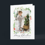 Cartão De Festividades Berries Watercolor e Greenery Feliz Natal<br><div class="desc">Enviar desejos e saudações com este Cartões de foto de Natal personalizável. Apresenta folhas de aquarela,  colas e bagas com um roteiro elegante. Personalize adicionando uma foto vertical e textos. O cartão de Natal perfeito para a sua família e amigos. Itens correspondentes estão disponíveis.</div>