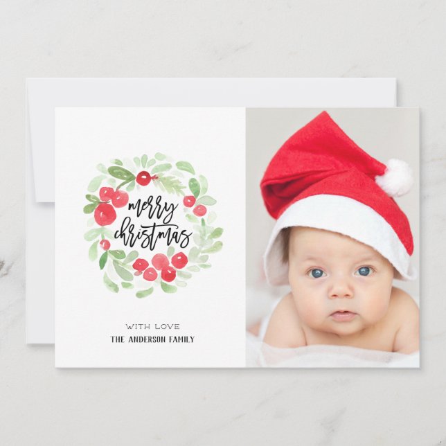 Cartão De Festividades Berry Wreath Felry Christmas Watercolor Foto (Frente)