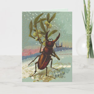 Cartão De Festividades Besouro com Chifres Vintage e Visco Feliz Ano Novo
