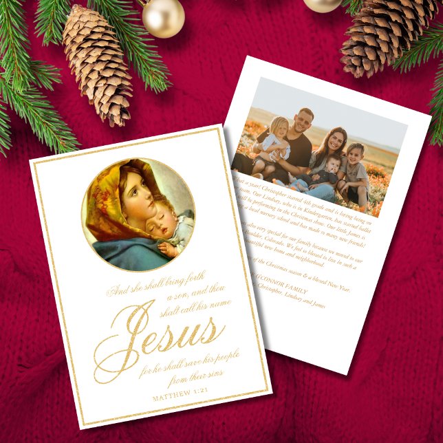 Cartão De Festividades Bíblia católica verso e foto religiosa Natal (Religious Christmas card with Madonna and Child and Bible verse for Catholics and Christians)