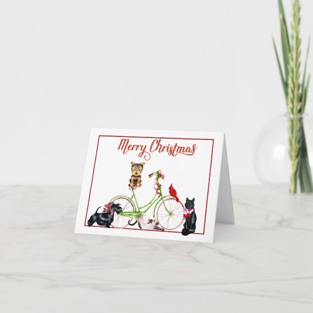 Cartão De Festividades Bicicleta da manhã de Natal (Frente)