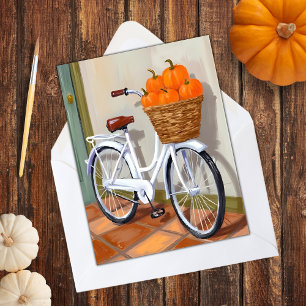 Cartão De Festividades Bicicleta de Cesta de Abóbora Outono Aquarela