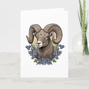 Cartão De Festividades Bighorn Sheep com Flores Azuis Columbinas do Color