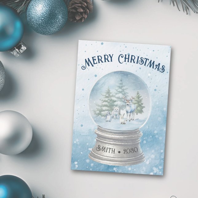 Cartão De Festividades Bilhete de Natal para Animais da Floresta (Winter Woodland Creatures snow globe christmas card)
