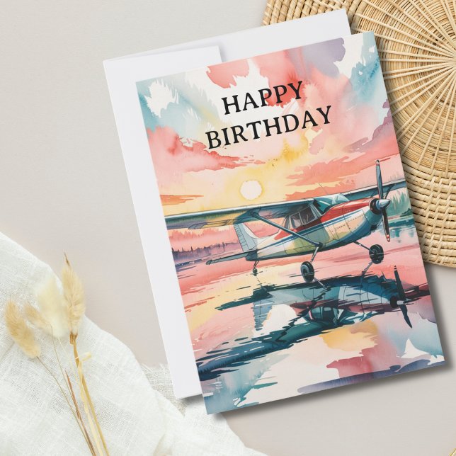 Cartão De Festividades Birthday Cessna Airplane Lake Photo Watercolor (Criador carregado)