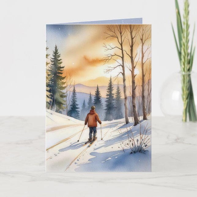Cartão De Festividades Birthday Cross Country Skier Watercolor (Frente)
