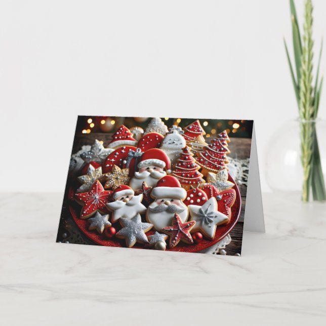 Cartão De Festividades Biscoitos De Açúcar De Natal Em Púltimo Vermelho (Frente)