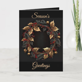 Cartão De Festividades Black and Gold Wreath Christmas Holiday Card