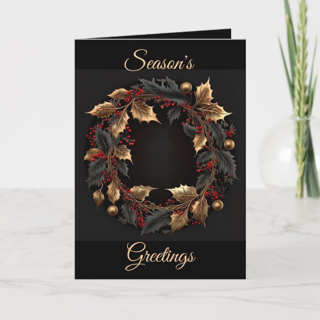 Cartão De Festividades Black and Gold Wreath Christmas Holiday Card (Frente)