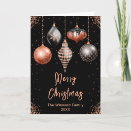 Cartão De Festividades Black and Rose Gold Ornaments Merry Christmas
