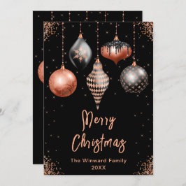 Cartão De Festividades Black and Rose Gold Ornaments Merry Christmas