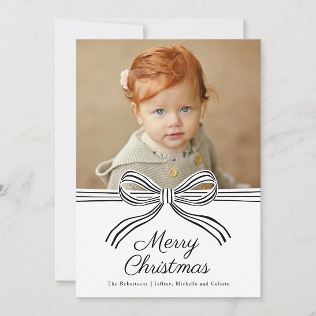 Cartão De Festividades Black and White Bow Flat Christmas Photo Card (Frente)