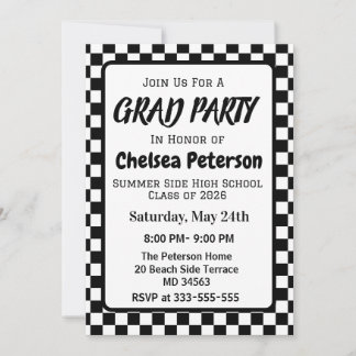 Cartão De Festividades Black and White Checkered Graduation Party Invite
