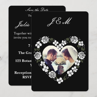 Cartão De Festividades Black and White Floral Heart Wedding Invitation