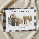 Cartão De Festividades Black and White Gingham Plaid Two Photo<br><div class="desc">Create your own custom photo Christmas cards featuring two of your family pictures alongside personalized minimalist typography name and year on a classic black and white gingham plaid pattern background.</div>