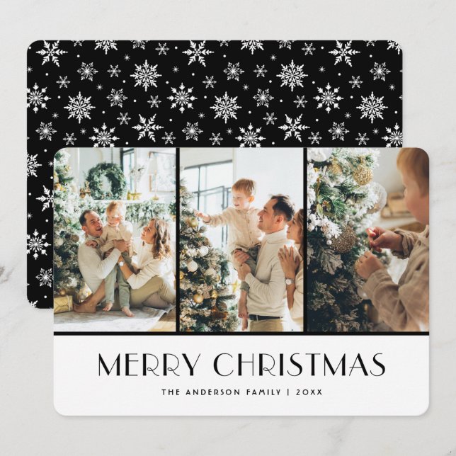 Cartão De Festividades Black and White Snowflakes Photo Christmas Card (Frente/Verso)