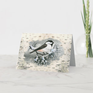 Cartão De Festividades Black Capped Chickadee Bird Birch Bark Background