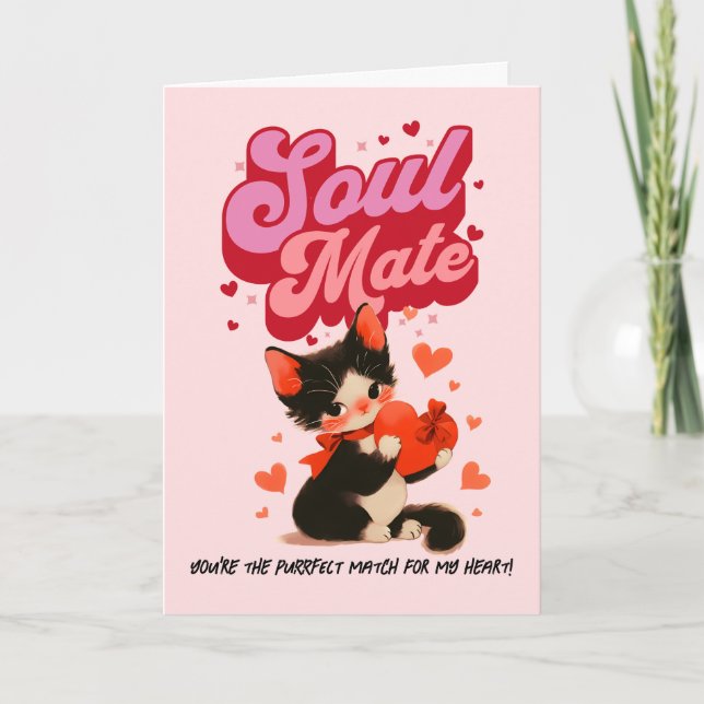 Cartão De Festividades Black Cat Soul Mate Retro Valentine’s Day Card (Frente)