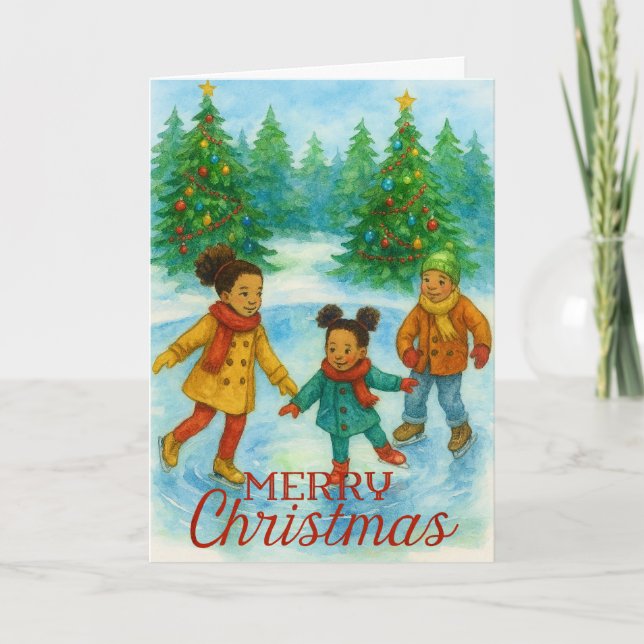Cartão De Festividades Black Children Ice Skating Christmas Card (Frente)