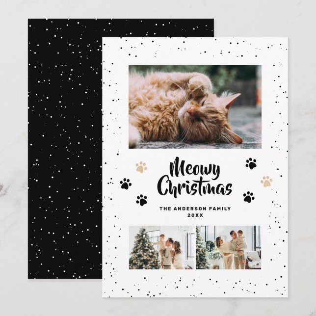 Cartão De Festividades Black Cute Meowy Christmas Snow Photo (Frente/Verso)