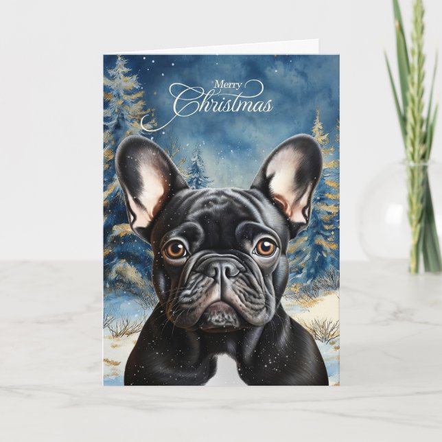 Cartão De Festividades Black French Bulldog Pine Winter Forest Christmas (Frente)