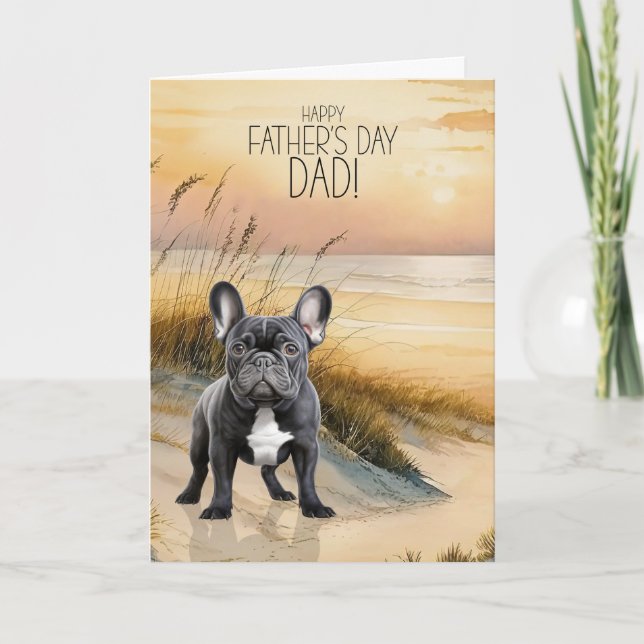 Cartão De Festividades Black French Bulldog Sunset Beach Father's Day (Frente)