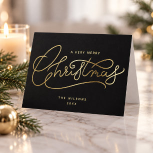 Cartão De Festividades Black Gold Merry Christmas Script Minimalista