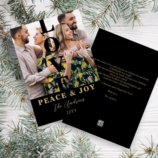 Cartão De Festividades Black & Gold  Minimalist 2 Vertical Photos Xmas (Elegant Black & Faux Gold Minimalist 2 Vertical Photos Christmas Holiday Card with Envelope. )