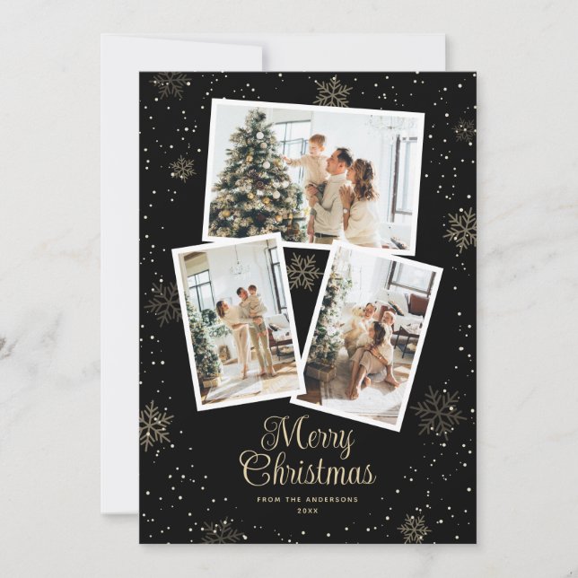 Cartão De Festividades Black Gold Snowflake Photo Merry Christmas Card (Frente)